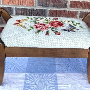 Needlepoint Footstool, Vintage Wooden Footstool with Needlepoint Top