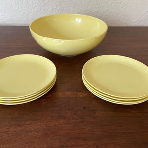 Sun Valley Melmac Yellow Serving Bowl and 8 Small Plates, made in USA.