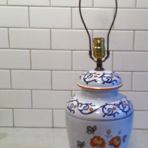 Lamp, Ceramic or Stoneware Lamp, White with Blue and Rust Motif, Signed &quot;Marian Abbey&quot;