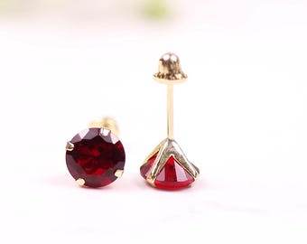Solid Yellow Gold 14k Round Garnet Stud CZ Earrings, January Birthstone Stud CZ Earring 2mm 3mm 4mm 5mm 6mm 7mm 8mm with Screw Backing
