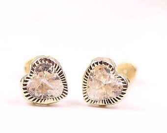 Solide Gelbgold 14k Herz klar CZ Ohrstecker, April Geburtsstein, Kinder Ohrringe, Zirkonia Steine mit Schraubverschluss