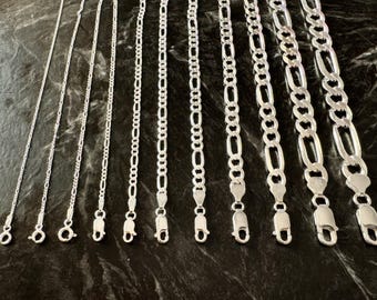 925 Sterling Silver Solid Figaro Chain, Italian Bracelet or Necklace, Link Chain, Made In Italy, Fine jewelry for Men and Women, All Sizes