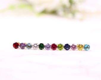 14k Solid Gelbgold Set CZ Runde Ohrstecker, Sleeper CZ Ohrstecker, Ohrringe mit Schraubverschluss, Unisex, erhältlich in 2 mm-8 mm, 12 Birthstones / Farben