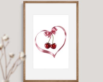 Cherry Wall Art Print - Trendy Feminine Poster Soft Girl Bedroom Decor - Printable for Preppy College Apartments – Coquette Wall Art – LA01
