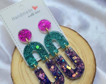 Holographic glitter resin drop earrings/ fuchsia / turquoise