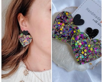 multi-colored glitter heart resin earrings