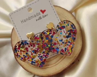 multi-colored glitter heart resin earrings
