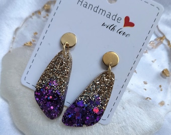 Gold and fuchsia glitter drop resin earrings and stainless steel, gift for women