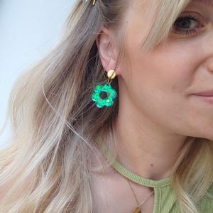 green and gold flower resin earrings
