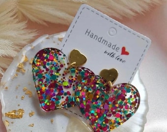 multi-colored glitter heart resin earrings