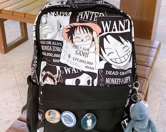 One Piece Luffy Backpack, Anime School Bag, Wanted Poster Print, Large Capacity, Durable Travel Bag, Stylish Student Backpack for Fans