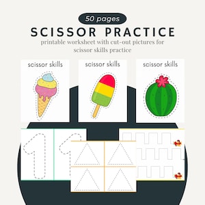 May include: A printable worksheet with 50 pages of scissor practice activities. The worksheet features cut-out pictures of an ice cream cone, popsicle, and cactus. There are also practice pages for cutting out shapes like triangles and rectangles.