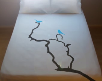 Blue Bird Tree Duvet Cover Bluebird Lovebird Branch queen, Size King Twin Full Double bird Bedding, newlywed Bedding, Birds Can Be Any Color