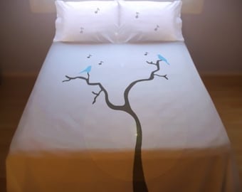 Blue Birds Bedding, Tree Music Notes Duvet Cover queen, king twin size 100% cotton bed sheet set, personalized custom duvet covers boy girl