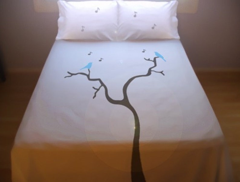 Blue Birds Bedding, Tree Music Notes Duvet Cover queen, king twin size 100% cotton bed sheet set, personalized custom duvet covers boy girl image 1