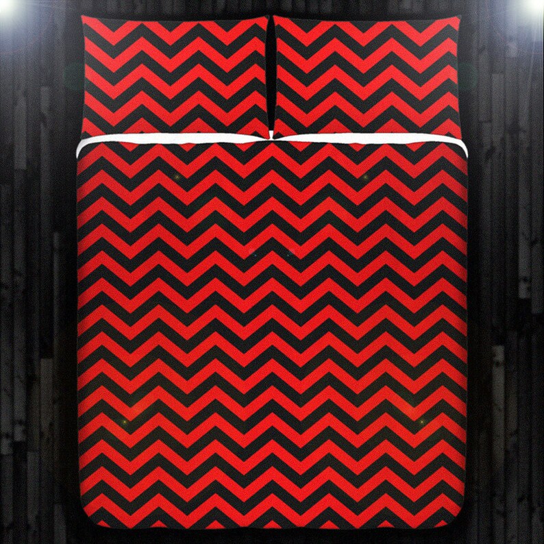 Red Black Chevron Bedding Duvet Cover Queen Comforter Set Etsy