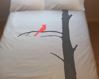 Red Cardinal Bedding, Bird Tree Duvet Cover queen king twin size 100% cotton bed sheet set personalized custom duvet covers boy girl bedroom