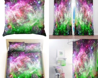 Pink Green Galaxy Duvet Cover Queen, Galaxy Comforter King, Cosmos Bedding Set, Outer Space Blanket, Twin XL Sheets, Baby Crib Kids Bed