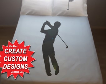 Golf Bedding, Golfing Golfer Duvet Cover queen, king twin size 100% cotton bed sheet set, personalized custom duvet covers boy girl bedroom