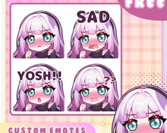May include: Set of four custom animated emotes featuring a pink-haired anime character with different expressions. The emotes include "SAD", "YOSH!!", "??", and a neutral expression. The emotes are available in four sizes: 28px, 56px, 112px, and 1000px.