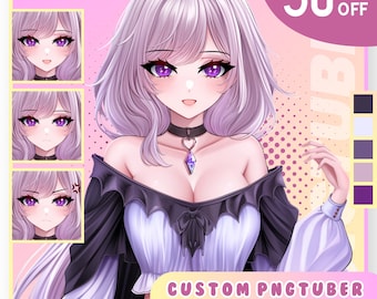 Può includere: Un'illustrazione digitale di un personaggio anime con i capelli viola e un vestito viola e bianco. Il personaggio ha diverse espressioni facciali. Il testo "CUSTOM PNGTUBER (FREE 2 CHIBI EMOTES)" è in basso nell'immagine. L'immagine include anche uno sconto del 50%.