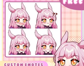 May include: Set of five custom emotes featuring a pink-haired character with bunny ears. The emotes show different expressions, including surprised, confused, and sad. The text "BUY 10 GET 3 FREE" is visible in the top right corner.