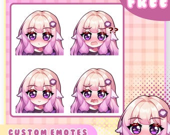 May include: Set of five custom animated emotes featuring a pink-haired anime character with different facial expressions. The emotes are available in four sizes: 28px, 56px, 112px, and 1000px. The text "BUY 10 GET 3 FREE" is visible in the upper right corner of the image.