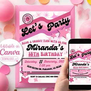 Retro Birthday Invitation, Let&#39;s Get Groovy Invite, Editable 70&#39;s Birthday Invite, Retro Teen Party Invitation, Patch Invitation, Canva