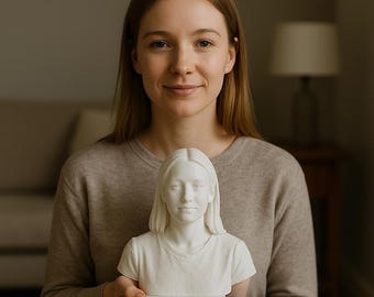 May include: A person holding a white 3D printed bust of a person with long hair. The bust is on a white base.
