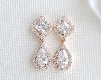 Rose Gold Bridal Earrings, Teardrop Cubic Zirconia Small Drop Earrings for Brides or Bridesmaids, Wedding Bridal Jewelry, Kala