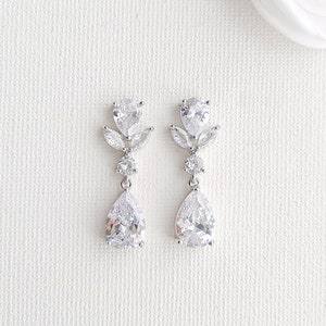 Bridal Drop Earrings, Silver Clear Cubic Zirconia Teardrop Earrings, Crystal Bride Earrings for Wedding Day, Nicole