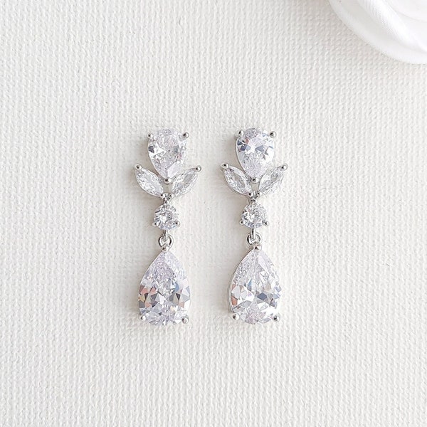 Bridal Drop Earrings, Silver Clear Cubic Zirconia Teardrop Earrings, Crystal Bride Earrings for Wedding Day, Nicole