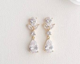 Gold Wedding Earrings For Brides, Small Bridal Earrings in Teardrop Cubic Zirconia, Dainty Wedding Jewelry, Nicole
