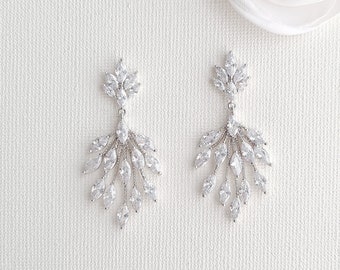 Sparkling Silver Crystal Bridal Drop Earrings with Cubic Zirconia in Leaf Design, Elegant Wedding Jewelry, Marquise Cluster Earrings, Belle