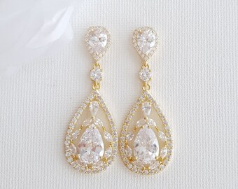 Gold Earrings For Brides, Drop Crystal Earrings, Rose Gold, Silver Big Teardrop Earrings, Gold Wedding Jewelry, Esther