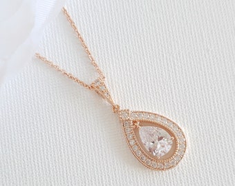 Wedding Necklace Rose Gold, Bridal Necklace, Wedding Jewelry, Teardrop Crystal Necklace for Weddings, Sarah