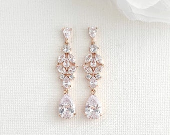 Rose Gold Teardrop Bridal Earrings, Cubic Zirconia Bride Earrings For Wedding Day, Rose Gold Wedding Jewelry, Anne