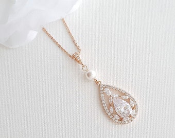 Rose Gold Bridal Necklace, Pearl and Rose Gold Crystal Wedding Necklace, Teardrop Pendant Necklace, Wedding Jewelry, Esther