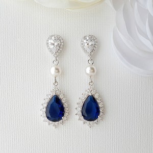 Blue Bridal Earrings, Something Blue for Bride, In Silver/  Rose Gold or 14k Gold Tone, Sapphire Blue And Pearl Earrings, Aoi