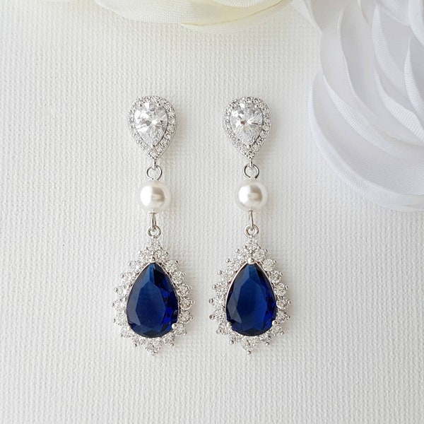 Blue Bridal Earrings, Something Blue for Bride, In Silver/  Rose Gold or 14k Gold Tone, Sapphire Blue And Pearl Earrings, Aoi