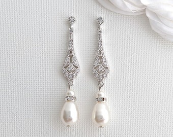 Art Deco Wedding Earrings, Long Pearl Drop Bridal Earrings, Vintage Style Earrings for Brides, Rose Gold Earring Necklace Set, Lisa