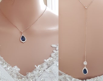 Rose Gold Sapphire Blue Wedding Necklace With Backdrop, Simple Drop Bridal Necklace, Something Blue Jewelry, Aoi
