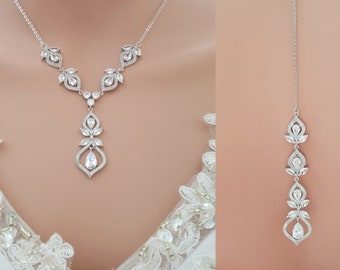 Bridal Backdrop Necklace, CZ Wedding Necklace, Silver Drop Necklace for Wedding Day, Wedding Jewelry, Meghan