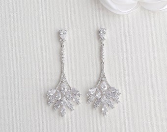 Bridal Chandelier Earrings, Silver Long Wedding Earrings For Brides, Cubic Zirconia Drop Statement Earrings, Yana