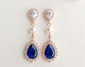 Rose Gold Sapphire and Pearl Wedding Earrings, Blue Cubic Zirconia Bridal Earrings, Rose Gold and Blue Jewelry For Brides, Aoi