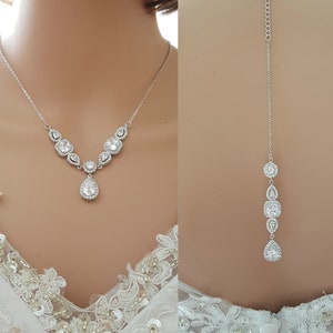 Silver Bridal Necklace with Backdrop, Crystal Back Necklace, Wedding Jewelry, Teardrop Wedding Necklace Cubic Zirconia , Gianna