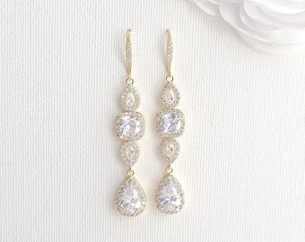 Long Gold Wedding Drop Earrings, Dangle Bridal Earrings, Gold CZ Drop Earrings For Brides, Gold Wedding Jewelry, Gianna