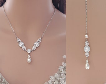 Pearl Teardrop Bridal Necklace with Backdrop, Silver Cubic Zirconia Pearl Necklace, Wedding Back Drop Necklace, Gianna