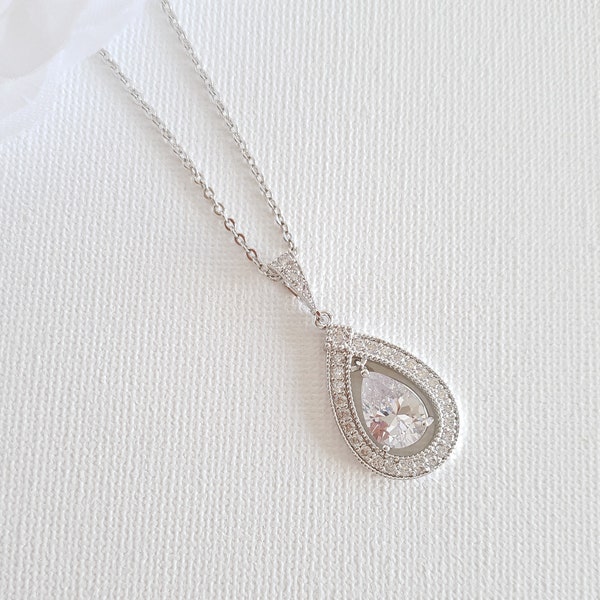 Silver Teardrop Bridal Necklace, Crystal and Pearl Wedding Necklace, Halo Style Pendant for Weddings, Bridal Jewelry, Sarah