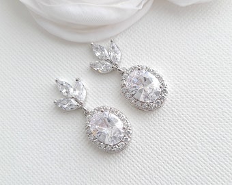 Silver Crystal Oval Drop Earrings For Weddings, Small Bridal Earrings, Bride Halo Earrings, Wedding Jewelry,  Emily
